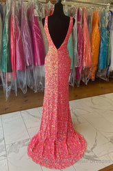 V neck Sequin Mermaid Long Semi Formal Prom Dress,Semi Formal Prom Dresses